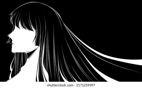 Illustration Women With Black And White,long Hair,Japan Style,Hime Cut Hair Style,high Contrast .