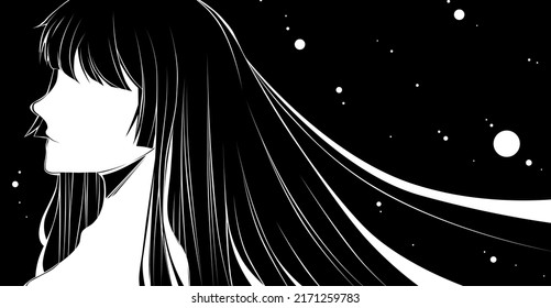 Illustration Women With Black And White,long Hair,Japan Style,Hime Cut Hair Style,high Contrast .