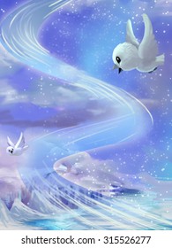 Illustration: The Wonderful Beautiful Melodies Of Free Flying So High In The Sky. Fantastic Cartoon Style Scene Wallpaper Background Design.