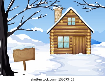 Illustration Wooden House Near Empty Signboard Stock Illustration ...