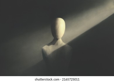 Illustration Of Wooden Mannequin Illuminated, Surreal Absence Identity Abstract Concept