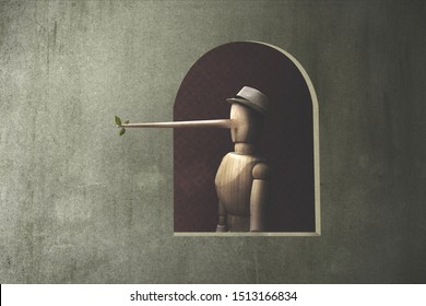 Illustration Of A Wooden Marionette With Long Nose; Liar Concept