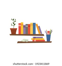 Illustration of a wooden shelf with books on a white background.