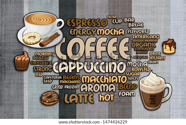 Professional catering wallpaper Illustration of WORDCLOUD of coffee design for café 3d design wallpaper- ILLUSTRATION.