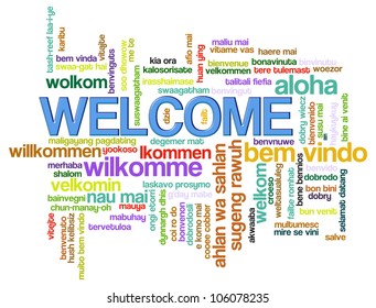 Illustration of wordcloud of welcome in world different languages.