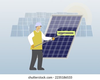 Illustration of worker Cleaning solar panel, in the background, are other panels, Energy panels to produce electricity Eco-friendly Environment-friendly technology - Powered by Shutterstock