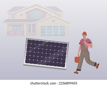 Illustration of worker holding box and wire are ready to install solar panel, in the background is house, Energy panels produce electricity Eco-friendly Environment friendly technology - Powered by Shutterstock