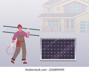 Illustration of worker holding ladder and wire are ready to install solar panel, in the background is house, Energy panels produce electricity Eco-friendly Environment friendly technology - Powered by Shutterstock