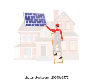 Illustration of worker in uniform Holding Solar panel, ready to install on roof on house, Energy panels to produce electricity Eco-friendly Environment friendly technology - Powered by Shutterstock