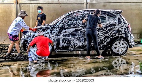 ILLUSTRATION Of Worker Washing And Cleaning Eco Car At Local Service Car Wash Station Center.