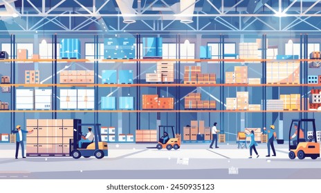 Illustration of workers and machinery in a bustling warehouse with shelves of goods. - Powered by Shutterstock