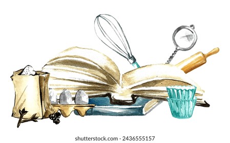 Illustration for World Book Day. An open cookbook surrounded by a bag of flour and eggs, a sieve, a rolling pin and a whisk, and paper cupcake molds. Watercolor drawing on a white background - Powered by Shutterstock