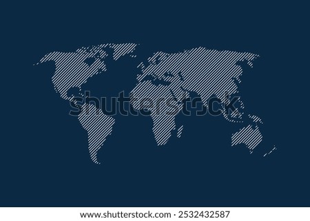 Illustration of a world map with diagonal lines on a dark blue background. The map highlights continents and oceans with a striped pattern background.
