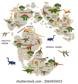 Illustration Of World Map With Dinosaurs And Cave People