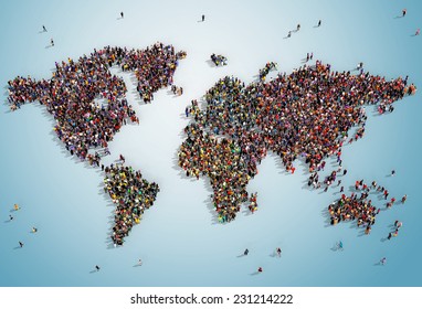 Illustration Of A World Map Drawn Out With Realistic People Seen From Above On Bluish Background