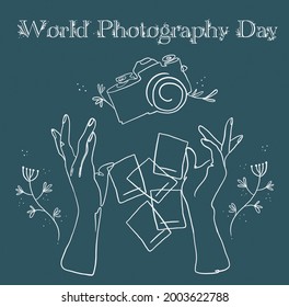 illustration for the World Photography Day: hands catch a camera with photographs. floral ornament in one line - Powered by Shutterstock