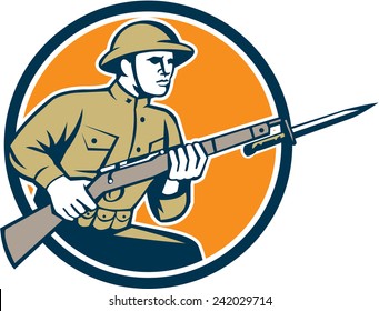 Illustration Of A World War One American Soldier Serviceman With Assault Rifle Fixed Bayonet Set Inside Shield With American Stars And Stripes Flag On Isolated White Background  Done In Retro Style.