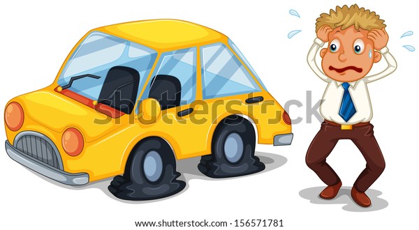 Illustration of a worried man beside a car with flat\
tires on a white background\
