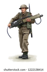 Illustration Of A WW2 British Soldier Carrying A Machine Gun