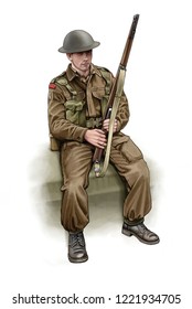 Illustration Of A WW2 British Soldier Sitting