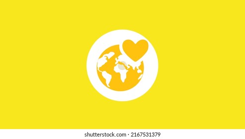 Illustration of yellow earth with heart shape in white circle against yellow background, copy space. International day of charity, world, love, donation, volunteer, support, awareness, celebration.