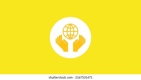 Illustration of yellow hands with globe in white circle over yellow background, copy space. World, international day of charity, donation, volunteer, support, awareness and celebration concept.