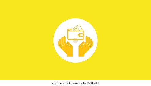 Illustration of yellow hands with wallet in white circle against yellow background, copy space. International day of charity, wealth, finance, donation, volunteer, support, awareness, celebration.