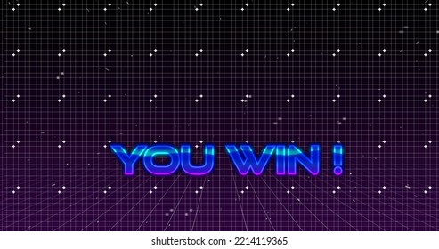 Illustration Of You Win Text With Dots Over Grid Pattern Against Black Background, Copy Space. Digitally Generated, Hologram, Video Game, Arcade,  Abstract And Competition Concept.