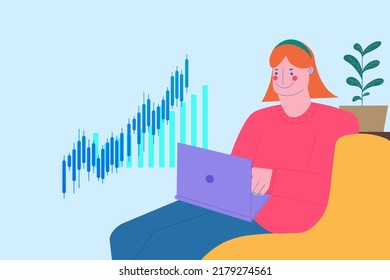 Illustration Of Young Adult Woman Working At Home Using Laptop And Sitting On Sofa With Stock Financial Graph For Business Online Lifestyle. Aesthetic Mood Design.