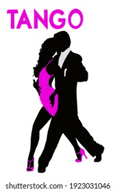 Illustration of young beautiful couple dancing tango. Woman in purple dress dancing argentine tango with man in suit. Poster for dance school, concerts, festivals, carnivals, cards. 