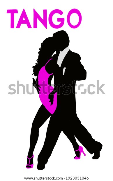 Illustration of\
young beautiful couple dancing tango. Woman in purple dress dancing\
argentine tango with man in suit. Poster for dance school,\
concerts, festivals, carnivals, cards.\
