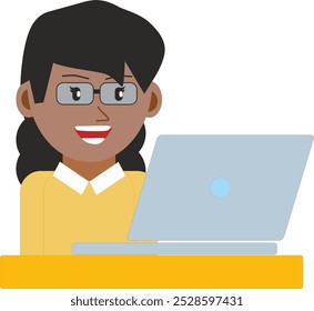 illustration of a young black woman with glasses while working or studying on a laptop computer. Concept of modern smart work and education. Illustration isolated on white background - Powered by Shutterstock