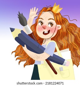 Illustration Of A Young Cute Red-haired Manga Character Artist Girl, Who Waving With Her Hand  Holding A Gigant Pencil, Brush Under The Arm. She Wears A Little Crown And A Yellow Bag On The Shoulder.