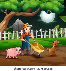 Illustration Of Young Farmer Working At Night