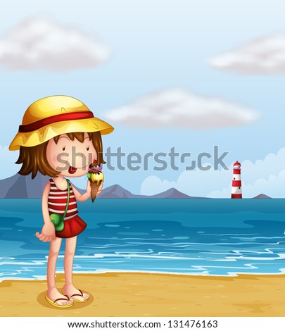 Illustration of a young girl eating an icecream at the seashore