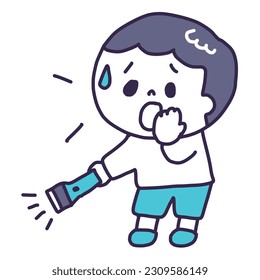 Illustration of a young man (whole body) with a worried face looking for a lost dog cat with a flashlight in his hand - Powered by Shutterstock