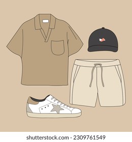 Illustration of a young man's fashionable clothes on a light brown background. A simple set of brown shirt, shorts, white casual sneakers and black hat. Outfit of the day style for the perfect image - Powered by Shutterstock