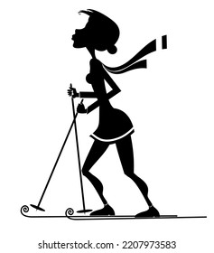 Illustration Of Young Skier Woman.
Winter Sport. Young Woman Skiing. Black On White Background
