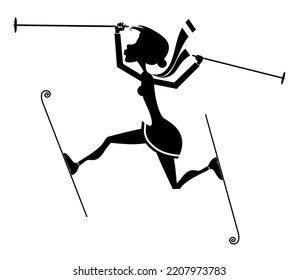 Illustration Of Young Skier Woman.
Winter Sport. Young Woman Skiing. Black On White Background
