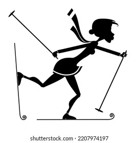 Illustration Of Young Skier Woman.
Winter Sport. Young Woman Skiing. Black On White Background
