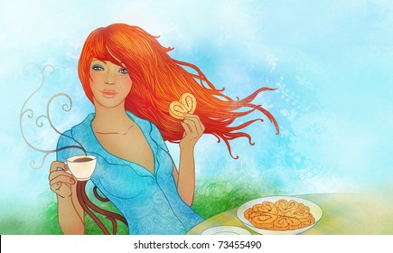 Illustration of young woman eating cookie and drinking tea