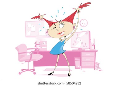 Illustration of a young woman pulling at her hair in frustration, whilst standing at her desk and computer. Woman and background are layered separately.