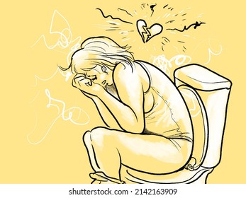An illustration young woman sitting toilet   crying  sad  lonely   heartbroken after miscarriage  pregnancy loss fertility struggles