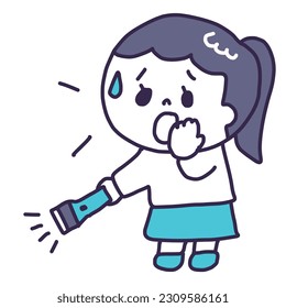 Illustration of a young woman (whole body) with a worried face looking for a lost dog cat with a flashlight in her hand - Powered by Shutterstock