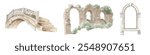 Illustrations of ancient stone arches and bridges. Stone arches with greenery. Stone bridges with steps. Historic stone architecture with arches. Vintage architecture illustrations isolated on white.