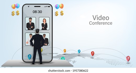 Illustrations Design Concept Video Conference By Mobile. Online Meeting Work Form Home. 3d Illustration.
