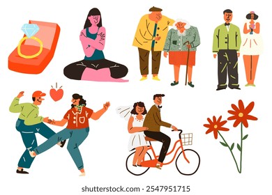 Illustrations of diverse couples: elderly, newlyweds, dancers, and a meditating woman. Includes engagement ring and flowers. Couples, diverse, love, togetherness. Isolated on white background. - Powered by Shutterstock