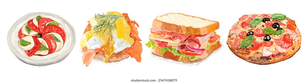 Illustrations of diverse foods: caprese salad, eggs benedict, sandwich, and pizza. Vibrant colors highlight fresh ingredients and delicious flavors.  Food illustrations isolated on white background. - Powered by Shutterstock