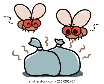 Illustrations of Drosophila gathering in a garbage bag.