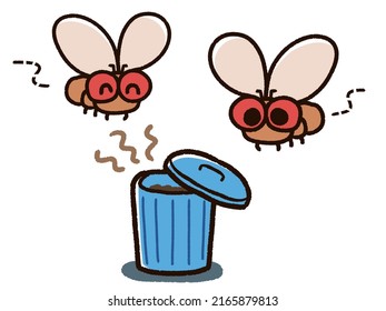 Illustrations of Drosophila gathering in the trash can.